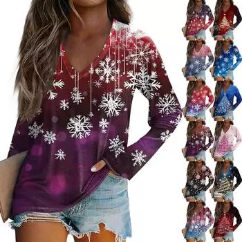 Женский повседневный рождественский принтованный топ с V-образным вырезом и длинными рукавами L синий