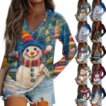 Женский повседневный рождественский принтованный топ с V-образным вырезом и длинными рукавами L армия зеленый