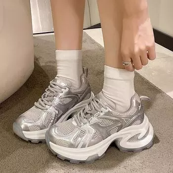 Women s Casual Chunky Sneakers Genuine Leather Versatile Mesh Solid Color Lace-up Thick Sole Casual New Fashion Sports Shoes 35 бежевый