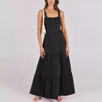 Женское повседневное платье Летнее платье с рюшами и U-образным вырезом Модное однотонное платье M чёрный