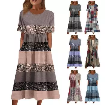 Жен. Повседневные платья Платья с принтами Плиссировка Круглый вырез Классический Классика На открытом воздухе Повседневные С короткими рукавами Свободные платья L