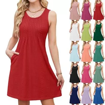 Women s Casual Fashion Breathable Solid Color Vest Dress With Pockets L