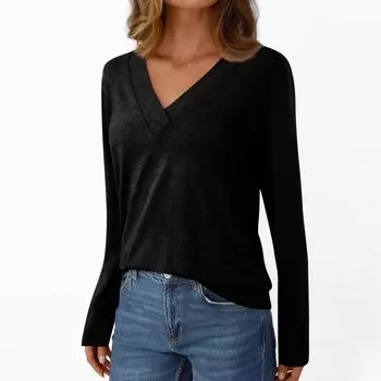 Women s Casual Fashion Brushed Solid Color Long-sleeved V-neck Top T-shirt L