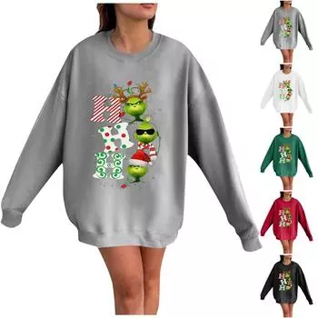 Women s Casual Fashion Christmas Print Long Sleeve O Neck Pullover Top Blouse Sweatshirt L красный