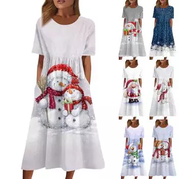 Женское повседневное модное рождественское платье с круглым вырезом и принтом L синий