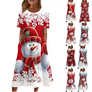 Женское повседневное модное рождественское платье с круглым вырезом и принтом XXXL синий