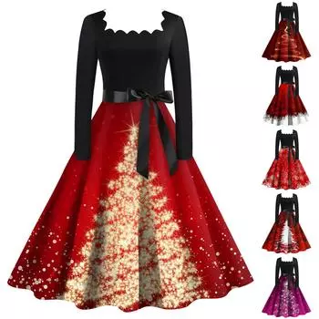 Женское повседневное модное платье с длинными рукавами и принтом рождественской елки, повседневное платье с вырезом и квадратным вырезом XL винный