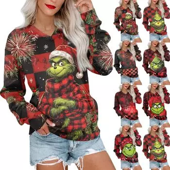 Женская повседневная модная рождественская толстовка с V-образным вырезом и длинными рукавами, легкая толстовка с карманами XL