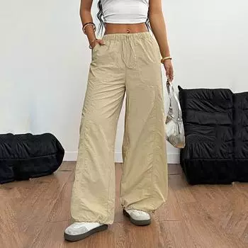 Women s Casual Fashion Drawstring Loose Wide Leg High Waist Straight Pants L хаки