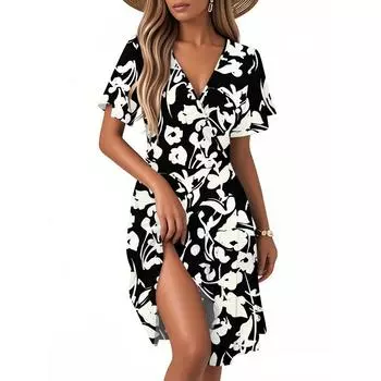 Women s Casual Fashion Dress Vintage Floral Floral Short Sleeve V-neck Dress L