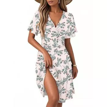 Women s Casual Fashion Dress Vintage Floral Floral Short Sleeve V-neck Dress L