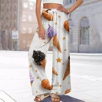 Women s Casual Fashion Halloween Print Elastic Waist Drawstring Pockets Wide Leg Straight Trousers XXL белый
