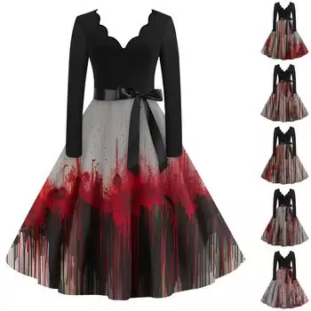 Женское повседневное модное винтажное платье с принтом в виде V-образного выреза на Хэллоуин XXXL