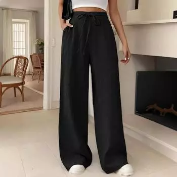 Women s Casual Fashion High Waist Solid Color Drawstring Wide Leg Pants M кофейный