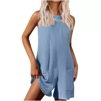 Women s Casual Fashion Jumpsuit Casual Solid Color Strap Jumpsuit L небесно-голубой
