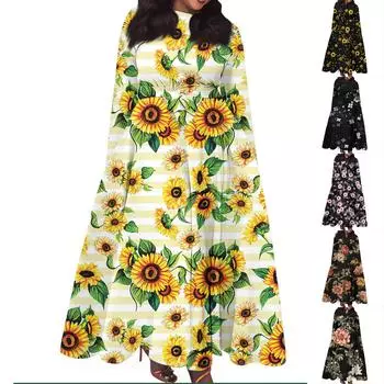 Women s Casual Fashion Large Size Round Neck Long Sleeve Pocket Straps Swing Dress Casual And Comfortable XXL чёрный