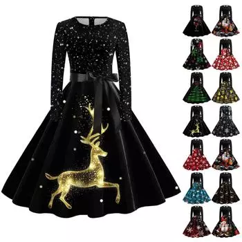 Женские повседневные модные длинные платья с рождественским принтом снежинок и длинными рукавами в винтажном стиле L