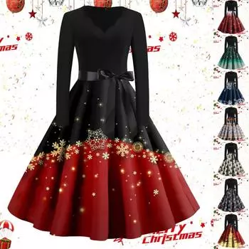 Женские повседневные модные винтажные длинные платья с длинным рукавом с рождественским принтом M тёмно-синий