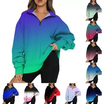 Женская повседневная мода с длинным рукавом и принтом, свободный свитшот на молнии L синий