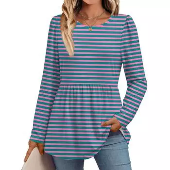 Women s Casual Fashion Long Sleeve Shirt Striped Tunic Top L