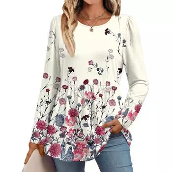 Women s Casual Fashion Long Sleeve Shirt Floral Printed Tunic Top L