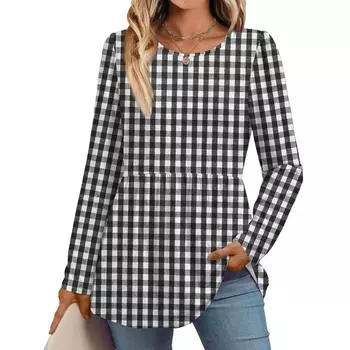 Women s Casual Fashion Long Sleeve Shirt Plaid Printed Tunic Top L