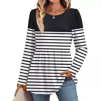 Women s Casual Fashion Long Sleeve Shirt Striped Tunic Top L