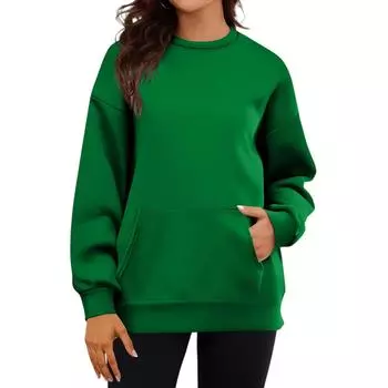 Women s Casual Fashion Long Sleeve Solid Color Round Neck Sweatshirt Top With Pockets L зелёный