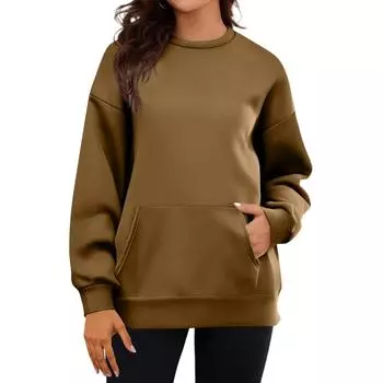 Women s Casual Fashion Long Sleeve Solid Color Round Neck Sweatshirt Top With Pockets L коричневый