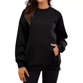 Women s Casual Fashion Long Sleeve Solid Color Round Neck Sweatshirt Top With Pockets L чёрный
