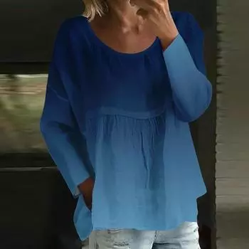 Women s Casual Fashion Loose Round Neck Gradient Print Long Sleeve Top XL синий