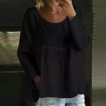 Women s Casual Fashion Loose Round Neck Floral Print Long Sleeve Top L чёрный