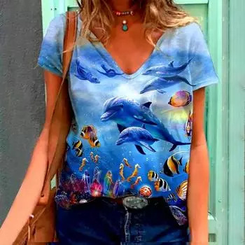 Women s Casual Fashion Loose V-neck Print Short-sleeved Tops M