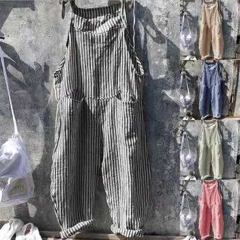 Женский повседневный модный полосатый комбинезон без рукавов с карманами и галстуком M розовый