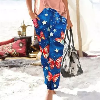 Women s Casual Fashion Print Straight Leg Pants Pants With Pockets M синий
