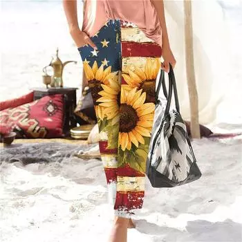 Women s Casual Fashion Print Straight Leg Pants Pants With Pockets L шафрановый