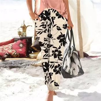 Women s Casual Fashion Print Straight Leg Pants Pants With Pockets L бежевый
