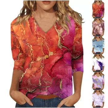 Women s Casual Fashion Print V Neck Three Quarter Sleeve T-Shirt Top S красный