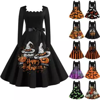 Women s Casual Fashion Printed Retro Square Neck Long Sleeve Dress S