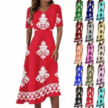 Women s Casual Fashion Retro Printed V-neck Short-sleeved Waist-length Dress XXL синий