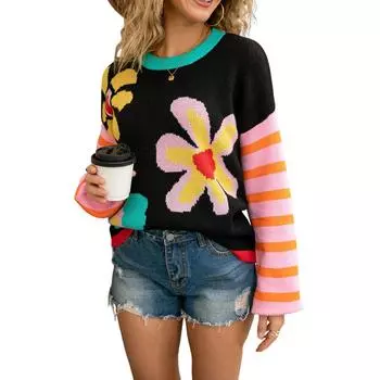 Women s Casual Fashion Retro Round Neck Loose Pullover Long Sleeve Sweater M тёмно-синий