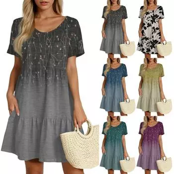 Women s Casual Fashion Round Neck Neck Short Sleeve Vintage Cake Dress XXL