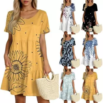 Women s Casual Fashion Round Neck Neck Short Sleeve Vintage Cake Dress XL чёрный