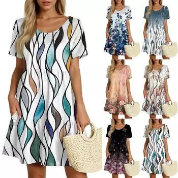 Women s Casual Fashion Round Neck Neck Short Sleeve Vintage Cake Dress L чёрный