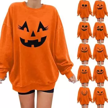 Women s Casual Fashion Round Neck Pullover Halloween Printed Long Sleeve Top S шафрановый