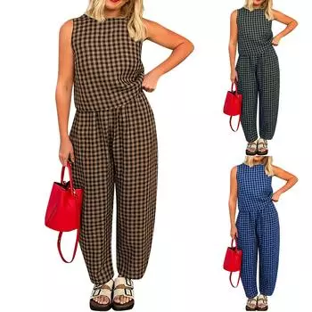 Women s Casual Fashion Set Plaid Printed Round Neck Sleeveless Two Piece Set S белый