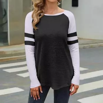 Women s Casual Fashion Striped Long Sleeve Round Neck Colorblock Top XL чёрный