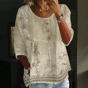 Women s Casual Fashion Three-quarter Sleeve Loose Round Neck Button Retro Print Top M хаки