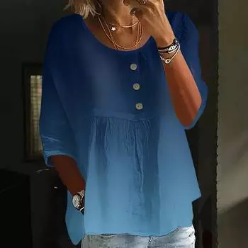 Women s Casual Fashion Three-quarter Sleeve Loose Round Neck Button Gradient Print Top S синий