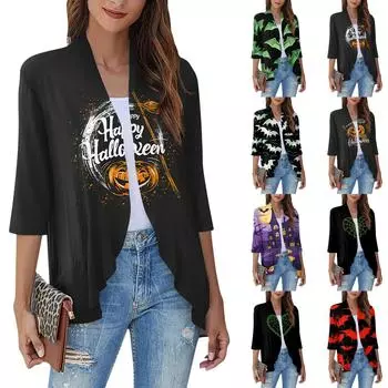Women s Casual Fashion Three-quarter Sleeve Print Soft Draped Ruffle Cardigan Jacket XL белый